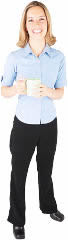 Picture of smiling woman with coffee cup and good QoWL